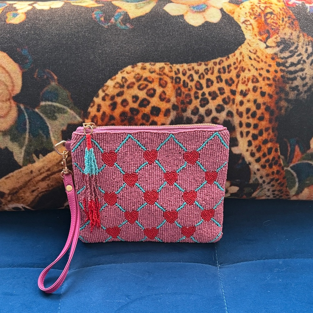 Sincerely Jules pink beaded heart clutch.
